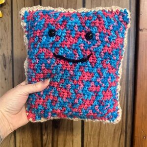 Handmade Smiling Crochet Pillow for Kids - Blue and Pink
